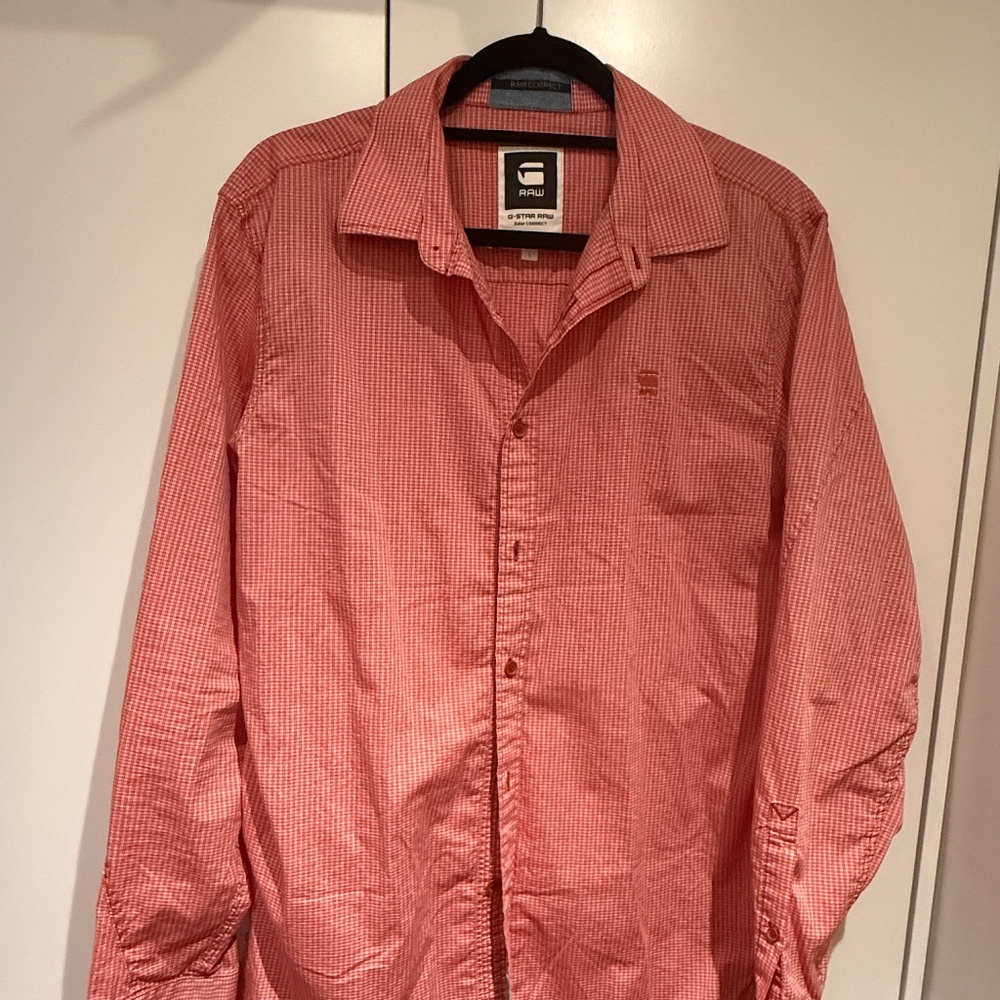 G-Star Raw Red & White Checker Long Sleeve Cotton Button Down Large L